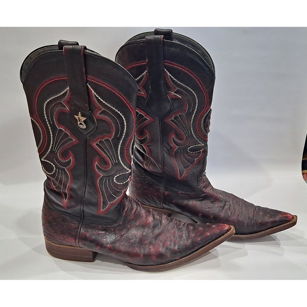 LOS ALTOS RED/black GENUINE OSTRICH POINTY TOE WESTERN BOOTS MEN'S 7.5 EE